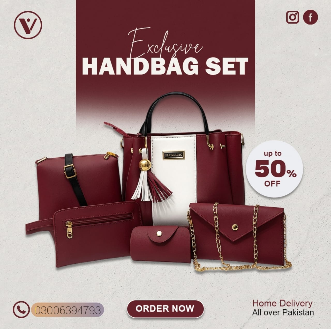 WOMEN FASHION MAROON 5 PCS HAND BAG