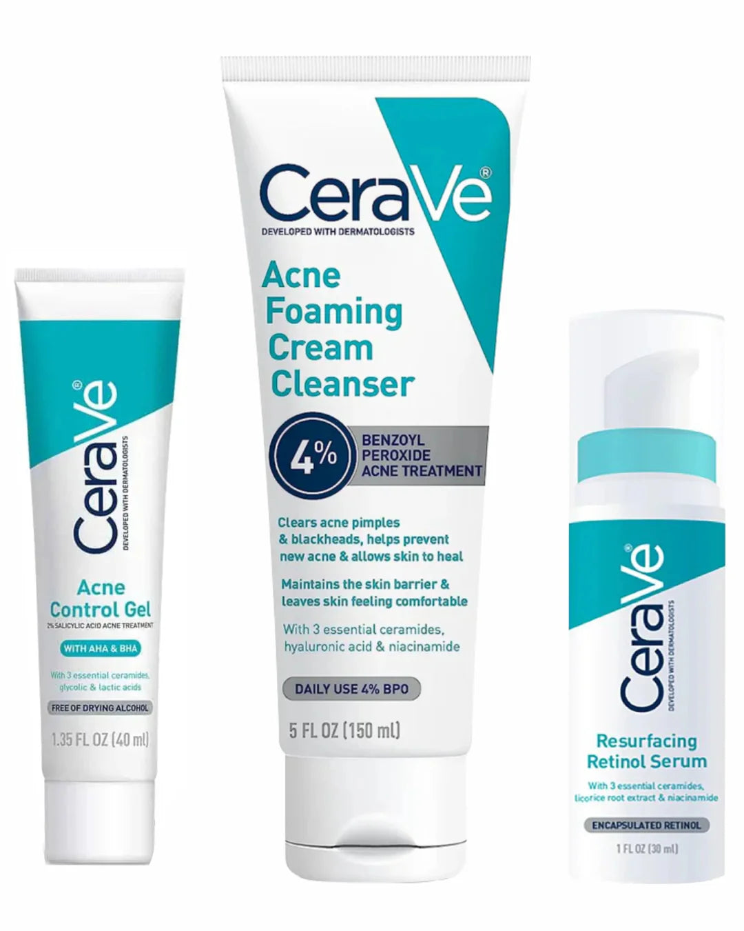 Sale Acne Treatment Bundle - Contains CeraVe Resurfacing Retinol Serum (1 fl oz), CeraVe Acne Foaming Cream Cleanser (5 fl oz), CeraVe Acne Control Gel (1.35 fl oz)
