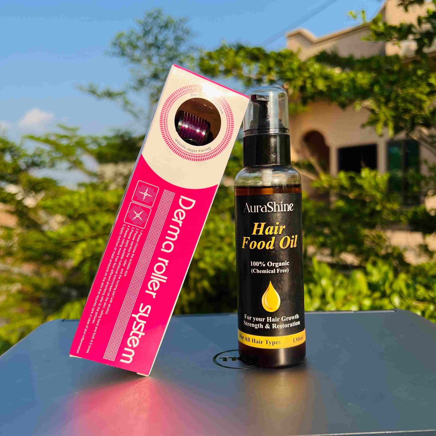 AuraShine Hair Food Oil with Derma Roller