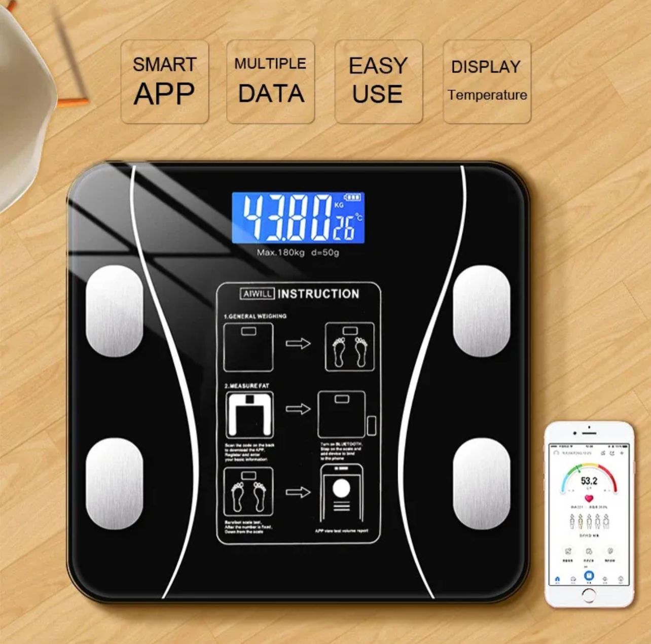 Smart Digital Body Weight Scale 180KG Bluetooth Electronic Weighing Scale with App Sync for Household Use - Accurate Body Fat & BMI Measurement, Balance Scale
