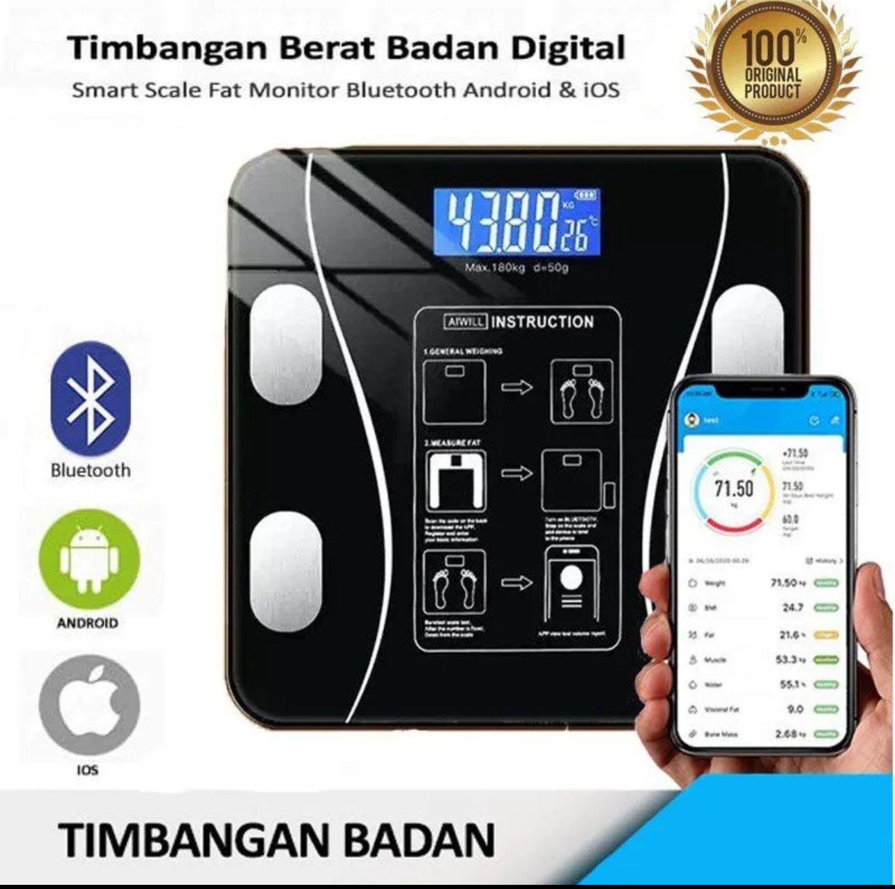 Smart Digital Body Weight Scale 180KG Bluetooth Electronic Weighing Scale with App Sync for Household Use - Accurate Body Fat & BMI Measurement, Balance Scale