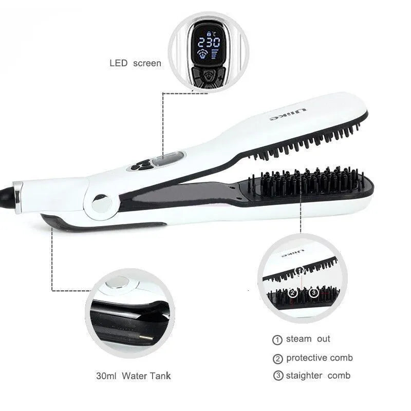 Professional Steam Hair Straightening Comb - Tourmaline Ceramic, Digital Temperature Control, Wet & Dry Use