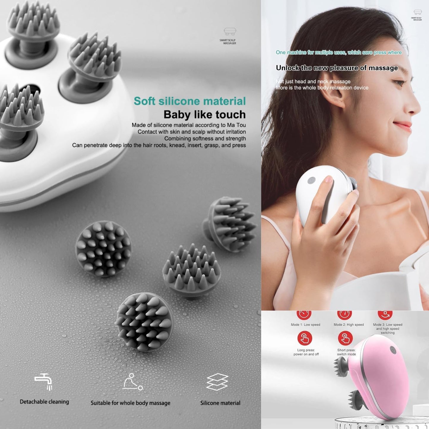 Electric Scalp Massager, Scalp Massager - 96 Silicone Kneading Points with Detachable Heads | Multi-Use Scalp, Body & Head Massager for Hair Growth