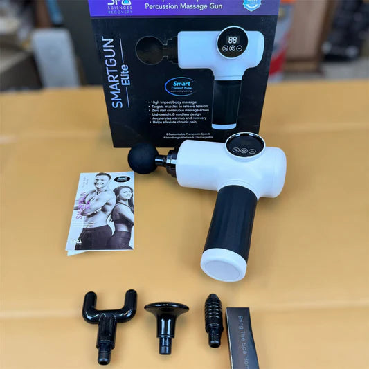 SPA SCIENCES - SmartGun Elite – Therapeutic Deep Tissue Percussion Massager – for Muscle Soreness - with Interchangeable Heads, 10 Intensity Levels and Smart Comfort Pulse – USB Rechargeable