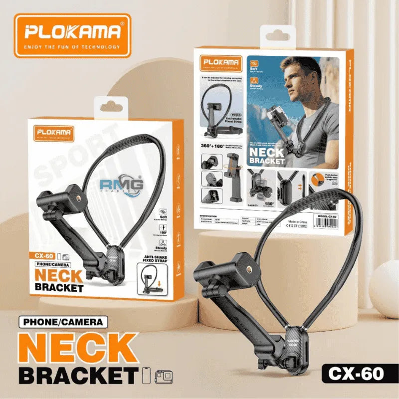 Plokama CX-60 Phone Camera Neck Bracket – Flexible Silicone Holder with 1/4 Adapter & Rotary Interface